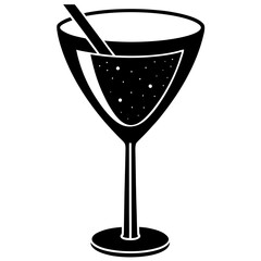 Black silhouette of a martini glass with straw and bubbles