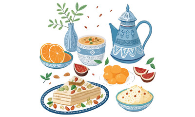 Traditional Moroccan Food Illustrations Tea, Sweets, Oranges, and Couscous Clipart
