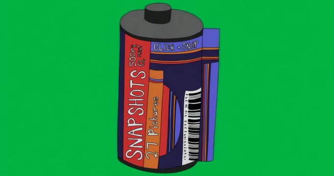 Photography film canister rotating on transparent background, displaying barcode and color blocks