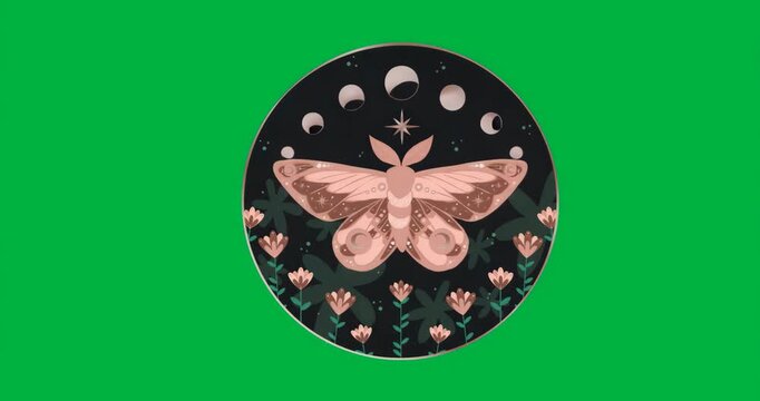 graphic designers presenting rose-gold moth on transparent background showing moon phases, flowers