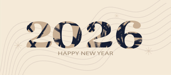 Festive banner Merry Christmas and Happy New Year Year numbers with ink strokes. Illustrations for greeting cards, website banners, and social media. Vector illustration.