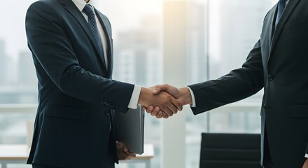 Handshake in Office: Capturing a moment of agreement and collaboration, this image features two professionals engaging in a firm handshake, signifying the completion of a deal.