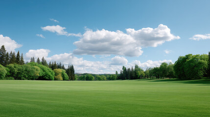 Serene landscape featuring vast green field surrounded by lush trees under bright blue sky with fluffy clouds. scene evokes sense of tranquility and natural beauty