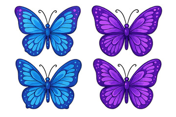 Obraz premium Butterfly vector cartoon set. Blue and purple butterflies isolated on white. Beautiful insect collection with intricate wing patterns. Spring summer nature design elements.