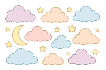 Cute cartoon cloud set with moon and stars. Vector illustration in pastel colors for baby shower, nursery decor, and kids. Goodnight sweet dreams sky elements collection.