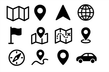 Map location icons set. GPS navigation symbols. Vector pin pointer, destination, route & travel signs. Geolocation direction graphic elements. Compass, car, globe design.