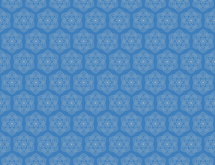 A seamless Moroccan-style geometric pattern of layered floral motifs in a repeating tile design, consists of intricate white line art arranged in symmetrical shapes on dark blue background.