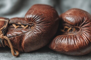 Close-up of vintage brown leather boxing gloves with textured details