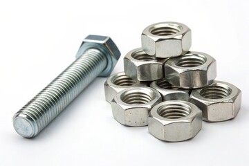 Close-up of stainless steel bolt with stack of hex nuts on white