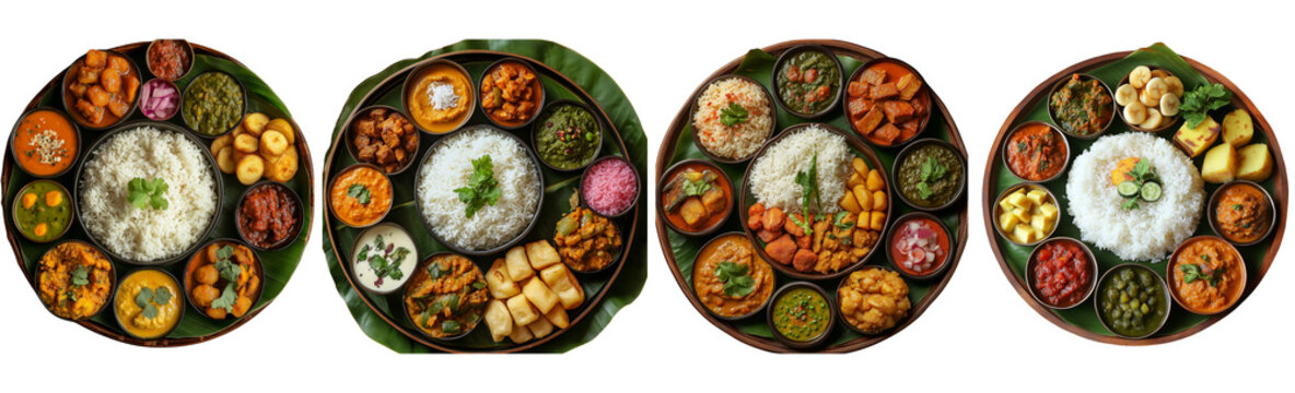 A festive Bengali thali with luchi, alur dom, cholar dal, and mishti doi, beautifully arranged on a banana leaf, ultra-realistic food photography