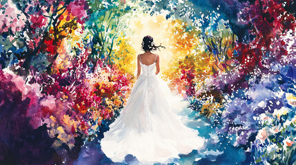 Watercolor Bride Walking Along a Colorful Floral Pathway