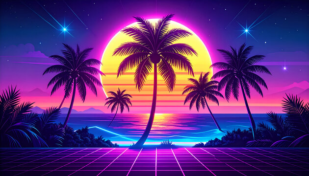 Vibrant Retrowave Sunset with Palm Trees and Ocean Horizon.