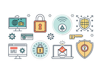 Cyber Security Elements Flat Line Style Illustration with Padlock Shield and Computer System Protection