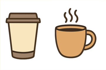 Two coffee cup vector illustrations. Minimalist icon set includes a takeaway paper cup and a hot coffee mug. Ideal for cafe menus, branding, and beverage-themed designs.