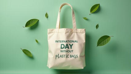 Eco-friendly bag on a vibrant backdrop surrounded by floating leaves promoting sustainability and alternative solutions for plastic use