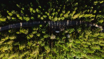 Aerial perspective of a winding road through dense green forests in Punkaharju, Finland. The vibrant landscape showcases the beauty of untouched nature, inviting peaceful exploration.