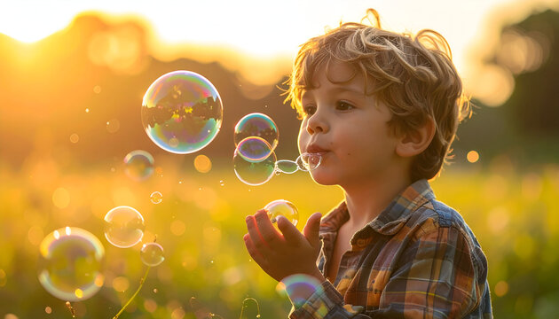 Young boy blowing bubbles in a sunlit field of green grass.