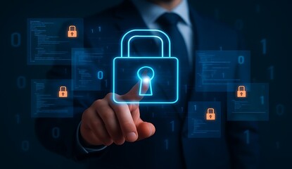 Businessman touching digital padlock icon on virtual screen with source code. Concept of cybersecurity, data protection, firewall, encryption, secure access and technology.
