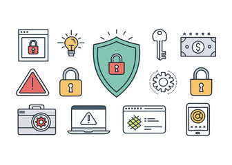 Cybersecurity and Data Protection Icons for Website and Mobile App Design Security Measures and Digital Safety Elements