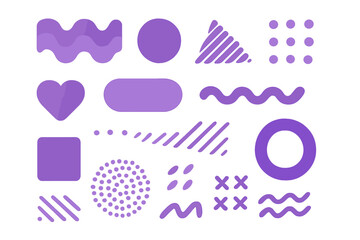 Set of abstract purple geometric shapes. Vector design elements collection. Modern glassmorphism icons and symbols for background, pattern, web design. Isolated cartoon objects.