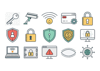 Cybersecurity Elements and Data Protection Icons in Vector Style Representing Digital Safety and Online Security Measures