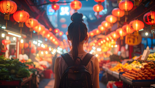 Solo traveler exploring a vibrant Asian night market with glowing red lanterns.