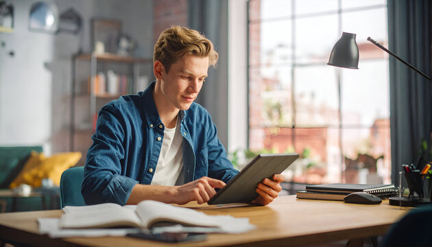 Young man focused on tablet computer at home desk with books and lamp.