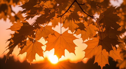  Sunlit maple leaves glowing orange at sunset over a tranquil lake, warm autumn backlit foliage