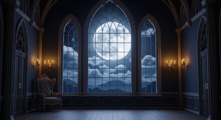 Obraz premium Grand Ballroom Moonlight Through Gothic Windows