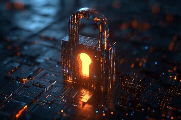 Futuristic glowing padlock symbolizing cybersecurity data protection encryption and digital privacy in advanced technology network