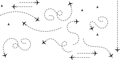 Airplane line path icon of air plane flight route dash line trace with start point. Simple airplane travel line