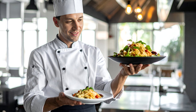 Professional Chef Presenting Delicious Pasta Dishes in a Modern Restaurant Kitchen.