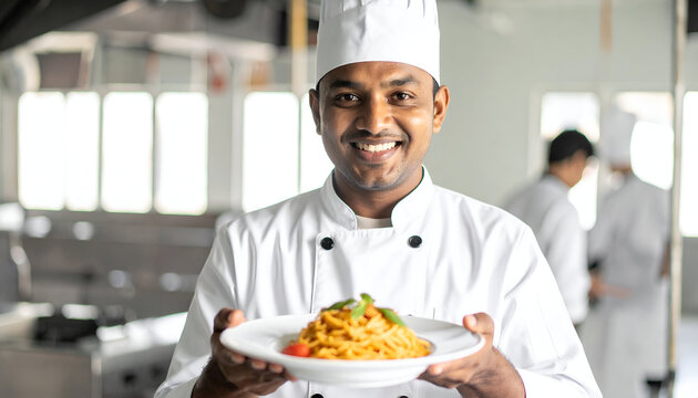Smiling Indian chef proudly presents a delicious pasta dish.