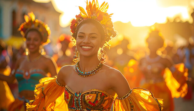 Beautiful Woman in Carnival Costume Smiling in Golden Hour Light.
