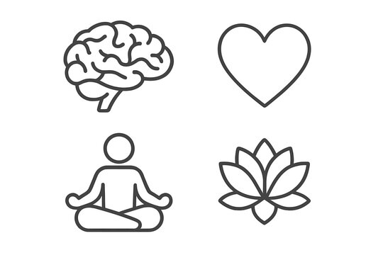 Mindfulness and wellness icon set. Brain, heart, meditation and lotus flower symbols. Mental health, self care, harmony, psychology concept. Body, mind and soul balance.