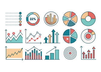Diverse set of infographic diagrams and chart types ideal for data representation and visual communication purposes in business and finance reports