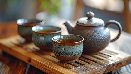 Ceramic teapot with matching cups of tea on wooden stand, ritual of tea ceremony. Tasty drink.