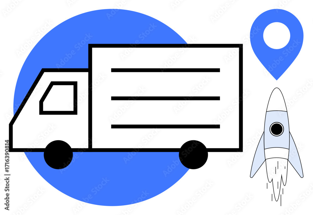 Poster delivery truck accompanied by a rocket and a location pin representing fast and precise logistics. i