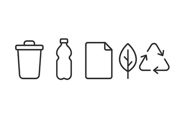 Fototapeta premium Recycling line icon set. Waste sorting symbols: trash can, plastic bottle, paper, organic leaf. Eco friendly, zero waste, sustainability concept. Minimal vector illustration.