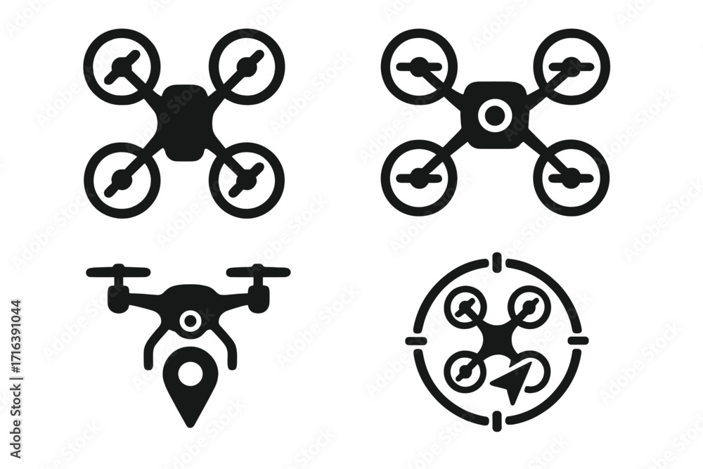 Poster set of drone icons in minimalist style. quadcopter with camera for photography and video. gps naviga