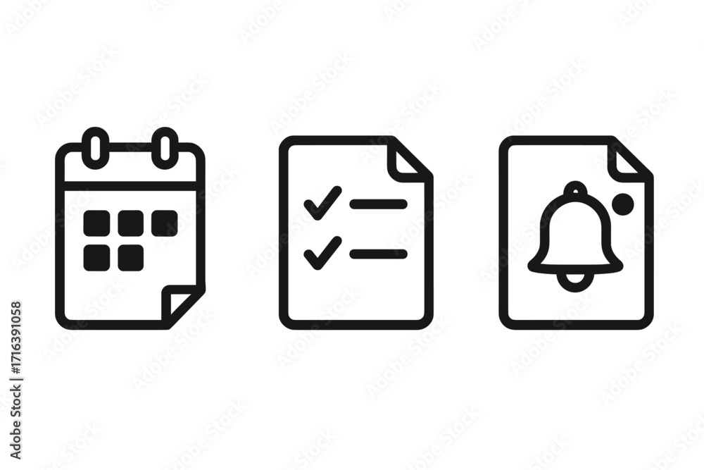 Poster Minimal document icons set with calendar, checklist, and notification bell. Vector symbols for planning, schedule, task management, reminders, and alerts for web or app UI design.