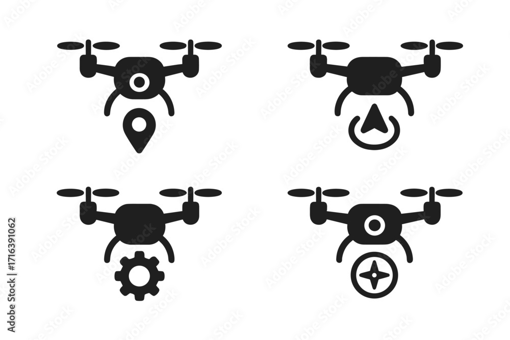 Poster set of drone icons in minimalistic style. quadcopter glyphs for navigation, gps location, settings, 