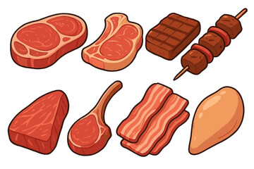 Set of cartoon meat icons. Raw beef steak, pork, lamb chop, chicken fillet, bacon, and grilled bbq kebab. Vector food illustration for butcher shop or restaurant menu.