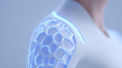 Arm of a woman with biomimetic glowing skin structure. Future of biological engineering, smart wearable technology, and human augmentation.