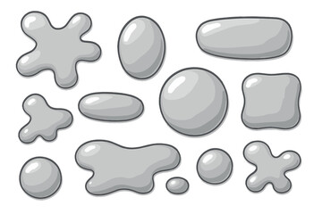 Set of silver metallic blobs and liquid drops. Abstract shiny chrome shapes collection. Vector illustration of glossy mercury bubbles and splashes for creative design elements.