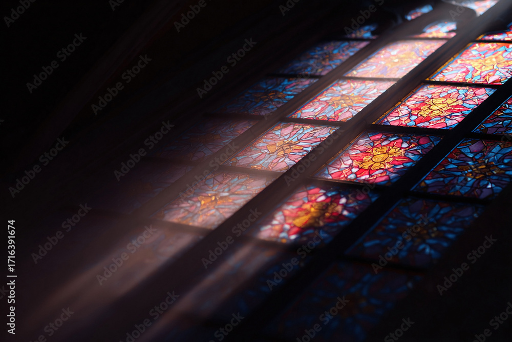 Poster sunlight streams through vibrant stained glass, creating a captivating play of light and shadow. evo