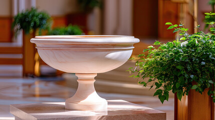 Beautifully crafted baptismal font made of smooth stone, elegantly placed in serene church setting surrounded by lush greenery, evokes sense of peace and spirituality