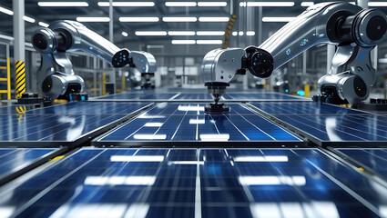 Automated robotic arms assembling solar panels in a modern high tech factory production line