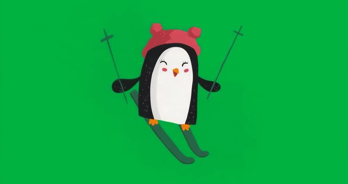 Cartoon penguin skiing on transparent background, showcasing winter sports graphics for designers