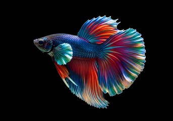 Fototapeta premium A stunning Siamese fighting fish, or Betta fish, with a flowing, multi-colored tail and fins against a black background.